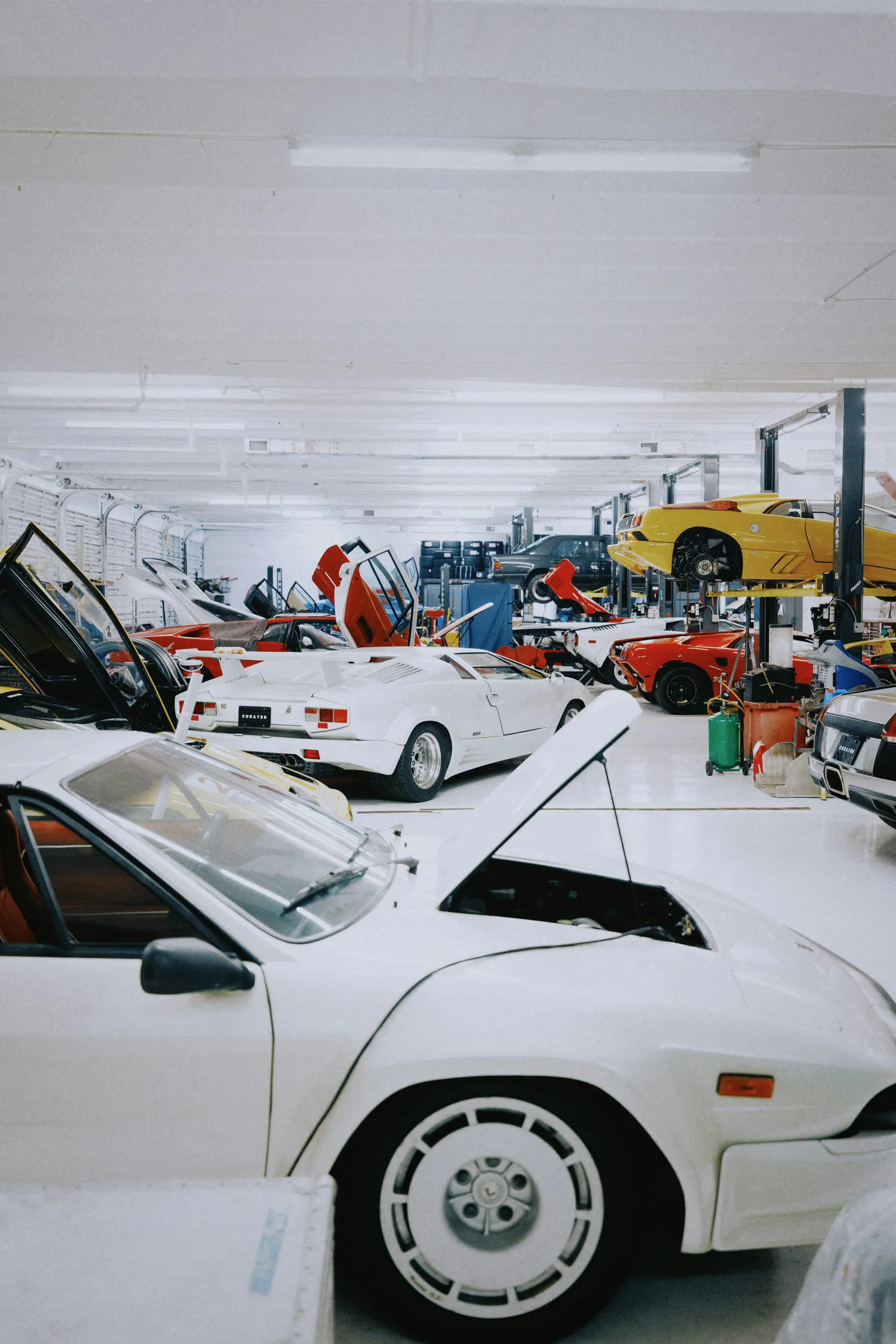 Bright automotive workshop containing multiple cars and service bays