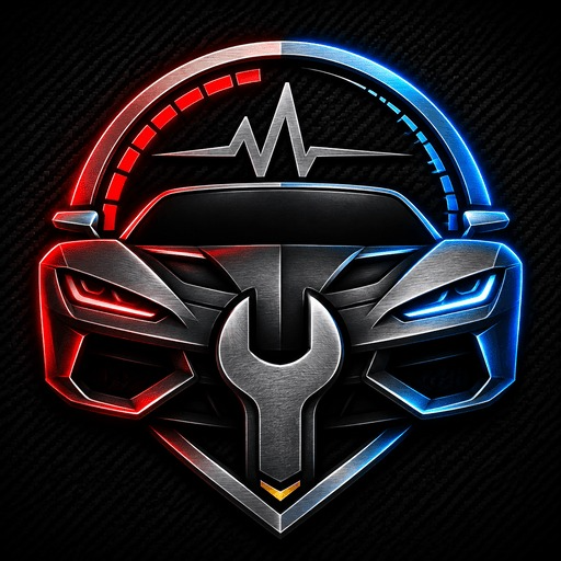 Red and blue automotive emblem with car, wrench and pulse line